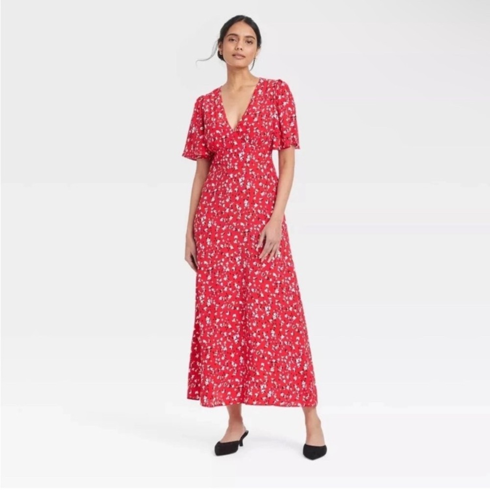 a new day Red and White Floral Maxi Dress flutter sleeves 6
